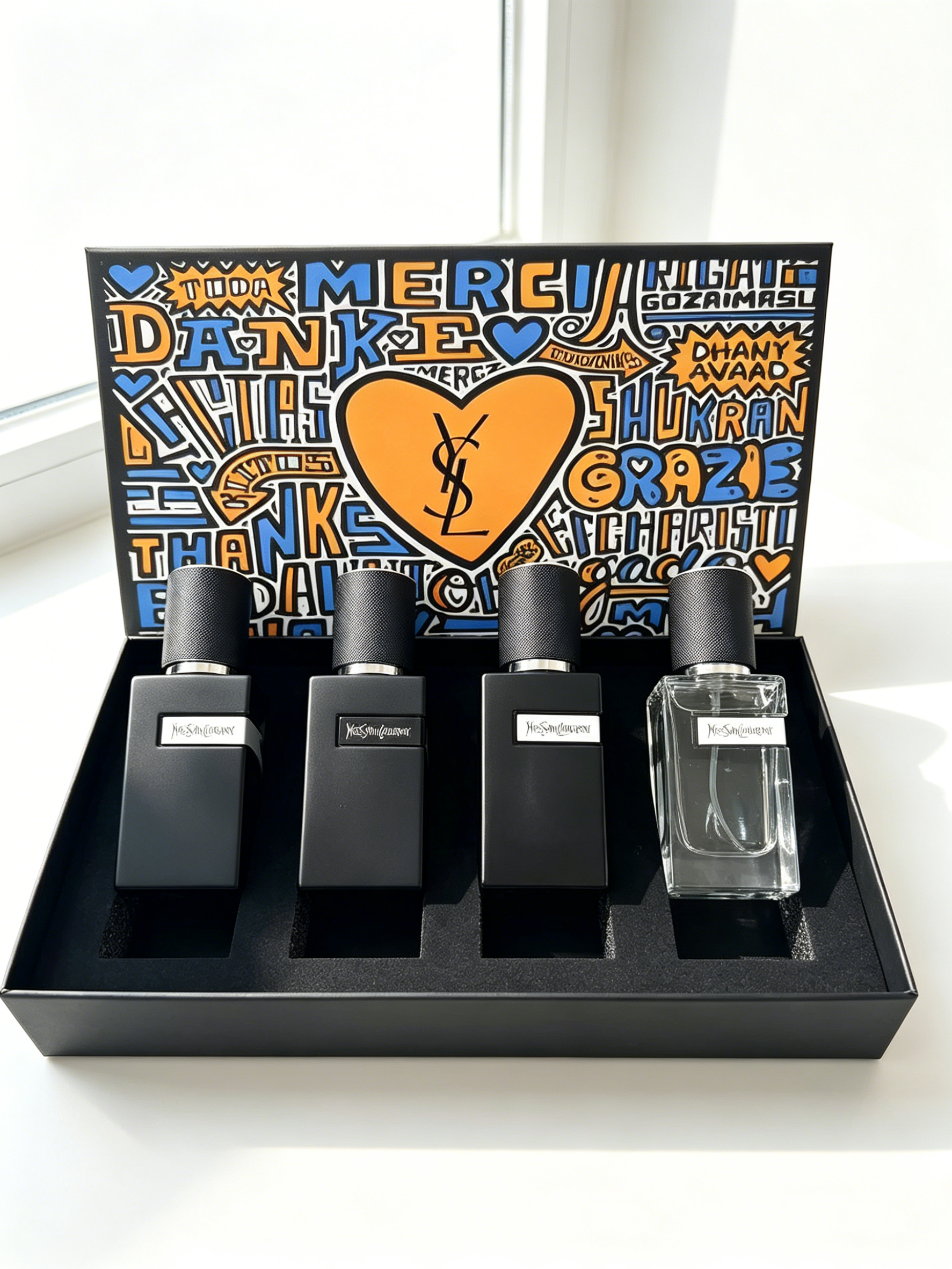 YSL Limited Edition Graffiti Heart Men’s Perfume Gift Set, 3 Classic Woody Masculine Scents For Travel & Sampling