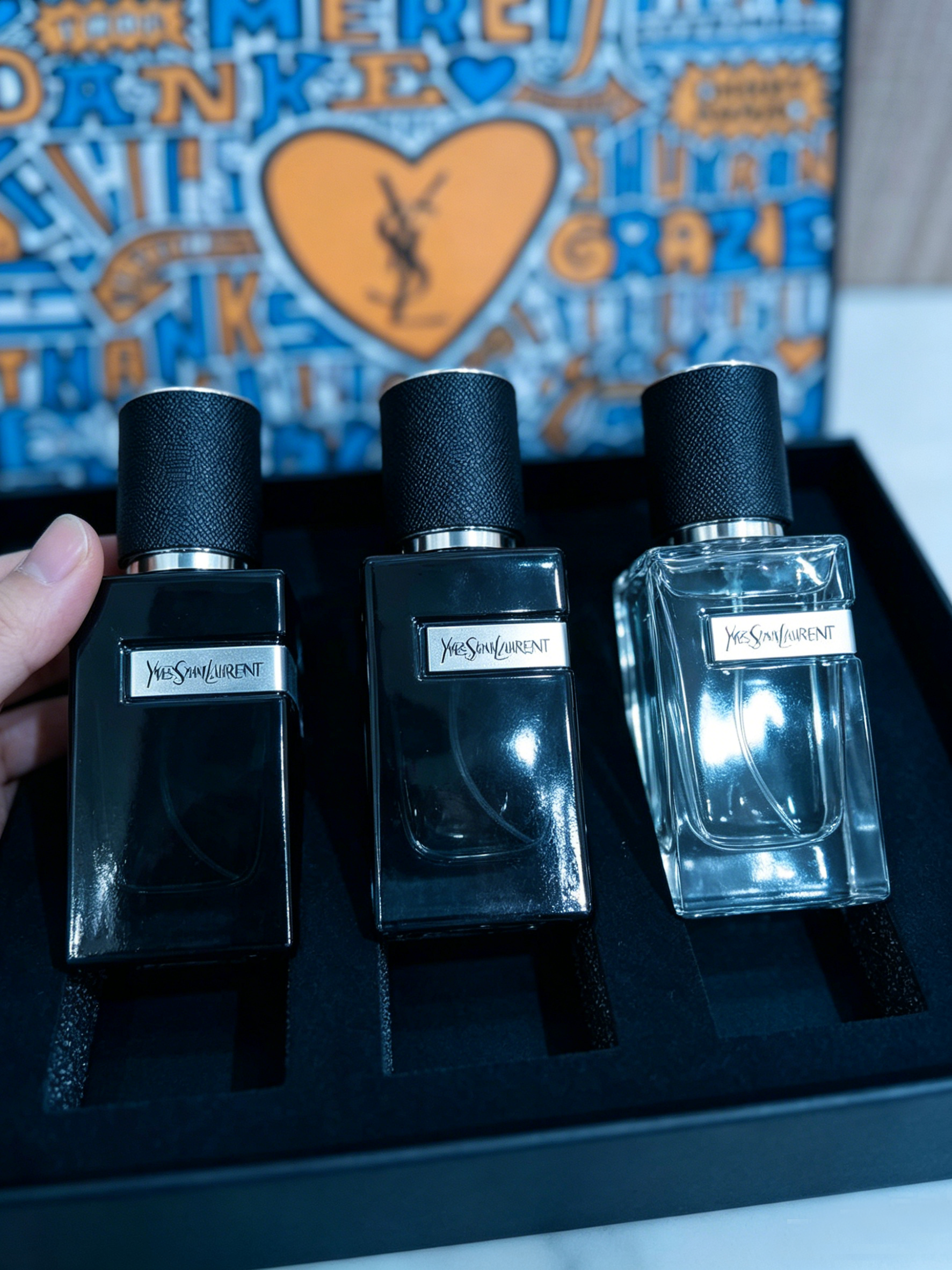 YSL Limited Edition Graffiti Heart Men’s Perfume Gift Set, 3 Classic Woody Masculine Scents For Travel & Sampling