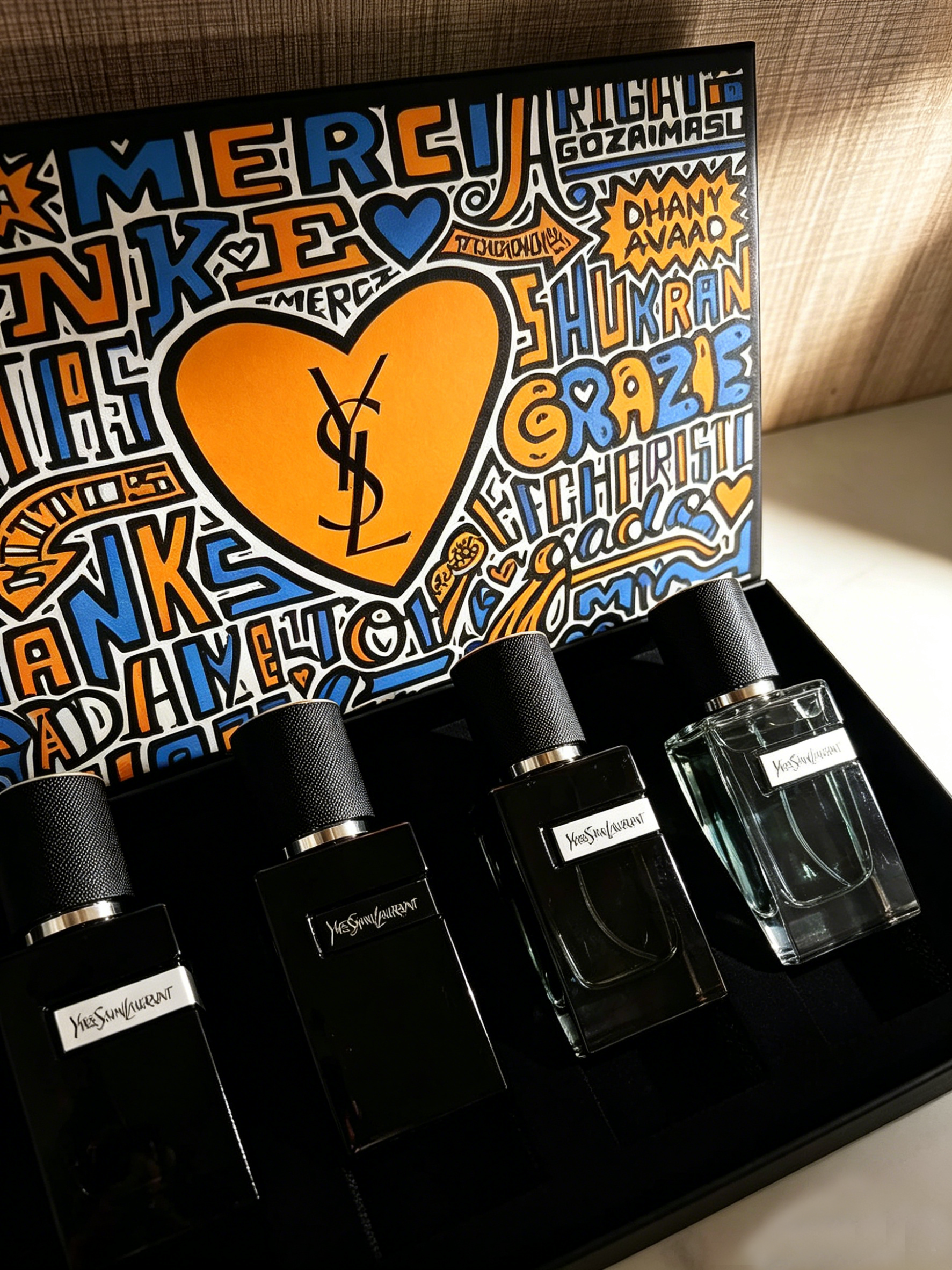 YSL Limited Edition Graffiti Heart Men’s Perfume Gift Set, 3 Classic Woody Masculine Scents For Travel & Sampling