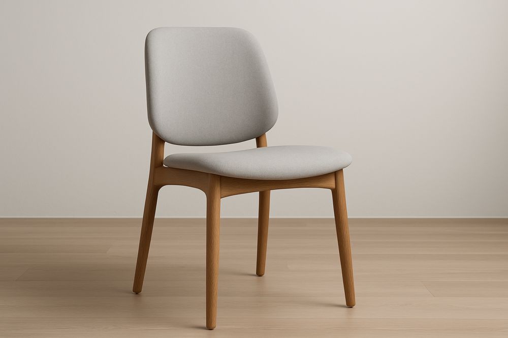 Cadeira de jantar de madeira de carvalho com assento estofado em poliéster cinza