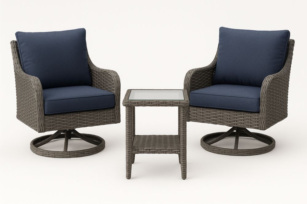 Conjunto de Móveis para Jardim com 2 Cadeiras Giratórias de Rattan e Almofadas Azuis com Mesa de Vidro Temperado