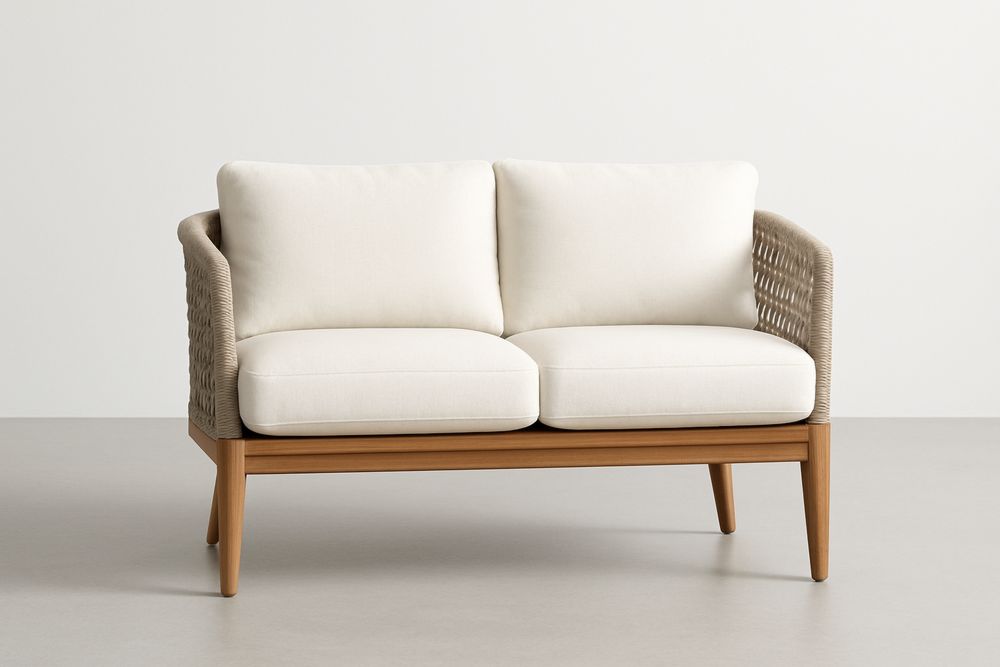 Sofá de Dois Lugares Madeira Maciça Palha Sintética Tecido Bege