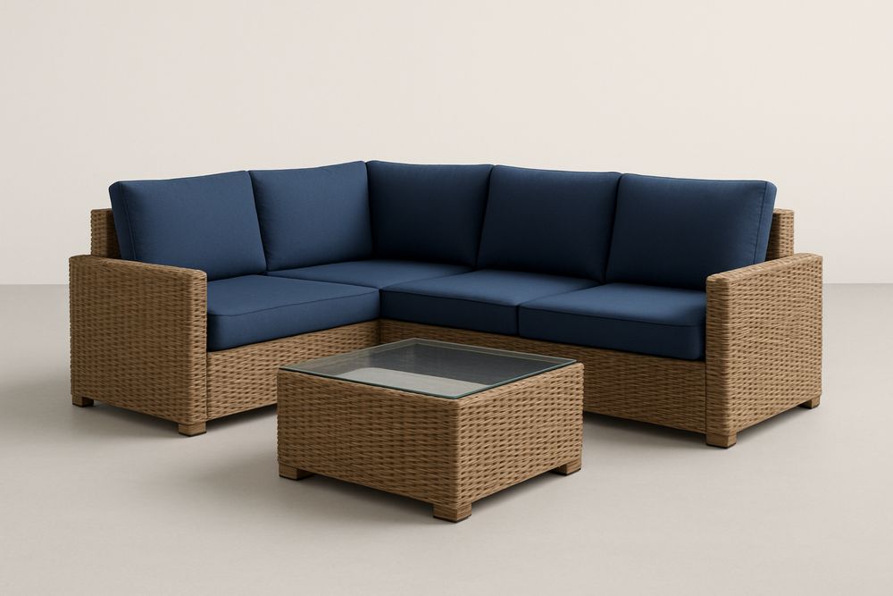 Conjunto Sofá Canto Seccional Vime Sintético Almofadas Azul Mesa Vidro Temperado