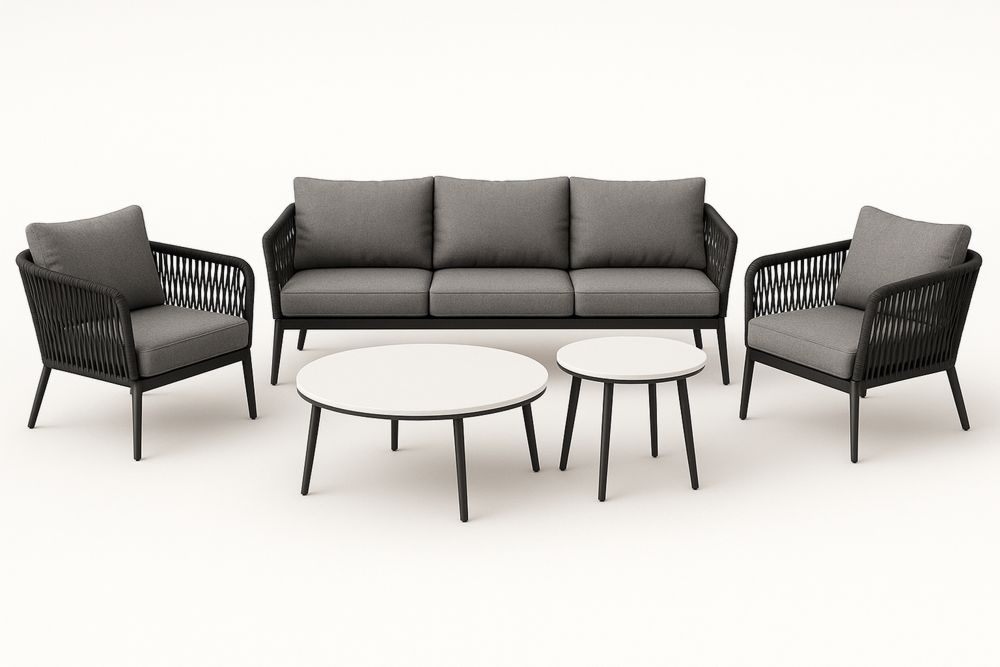 Conjunto de Sofá de Jardim em Alumínio e Corda com Mesas de Centro Redondas Cinza Preto
