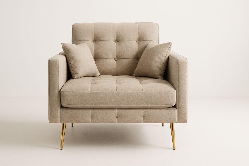Poltrona de Linho Bege com Pernas de Aço Dourado