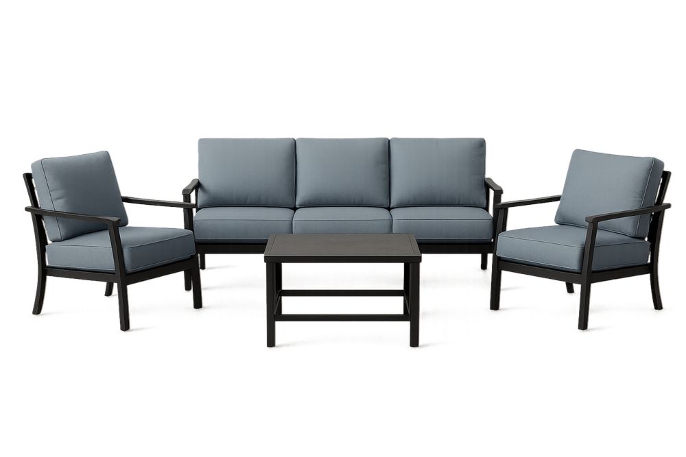 Conjunto de Sofá para Exterior Preto e Azul com Estrutura de Alumínio e Almofadas de Poliéster