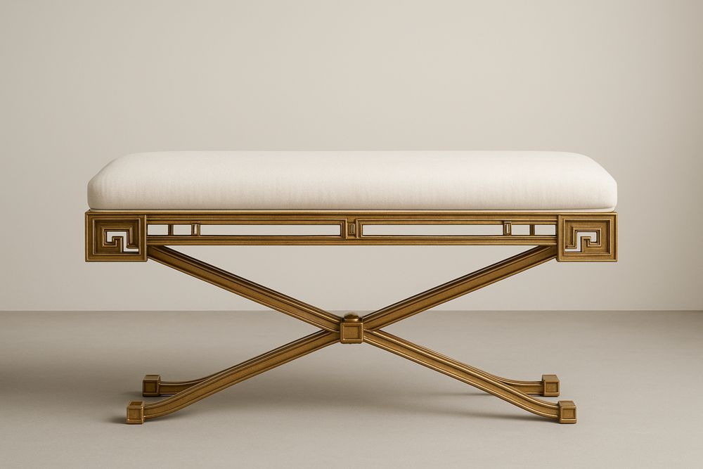 Banco Puff com estrutura de aço dourado e revestimento em tecido de poliéster branco 120x45x50(C×L×A)  cm