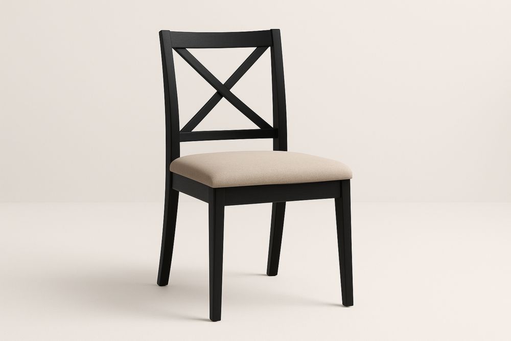 Cadeira de jantar de madeira de carvalho com assento em tecido sintético de poliéster bege