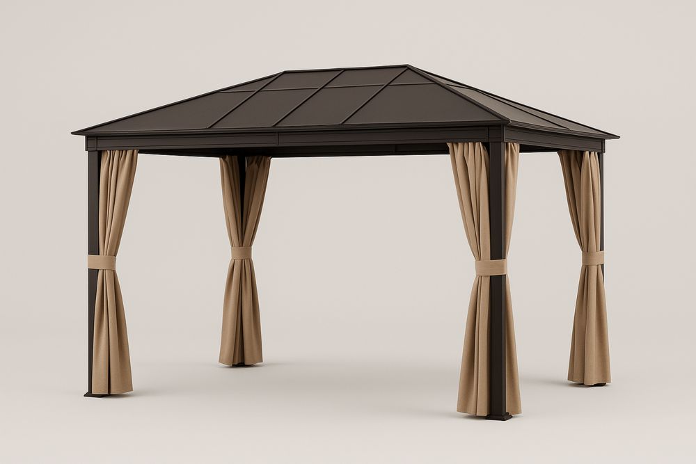 Gazebo de AçoPreto com Telhado de Policarbonato e Cortinas de Poliéster Bege 3x3(C×L)m