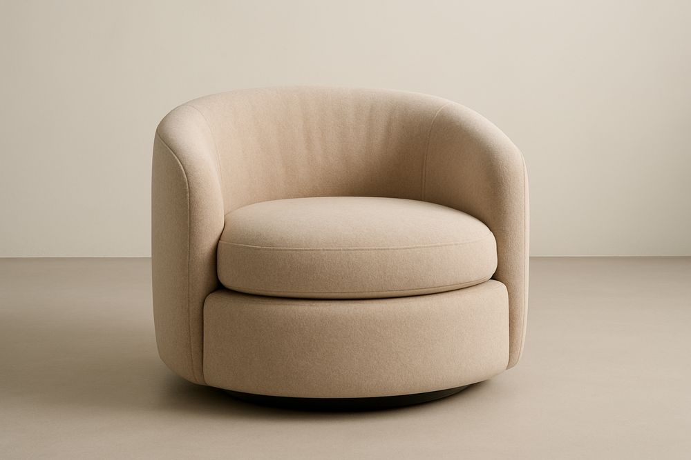 Poltrona redonda bege em tecido boucle, giratória