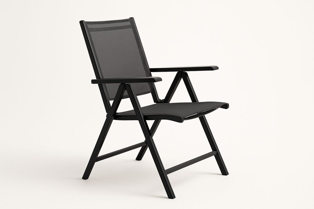 Poltrona dobrável em alumínio com assento em tela de poliéster preta