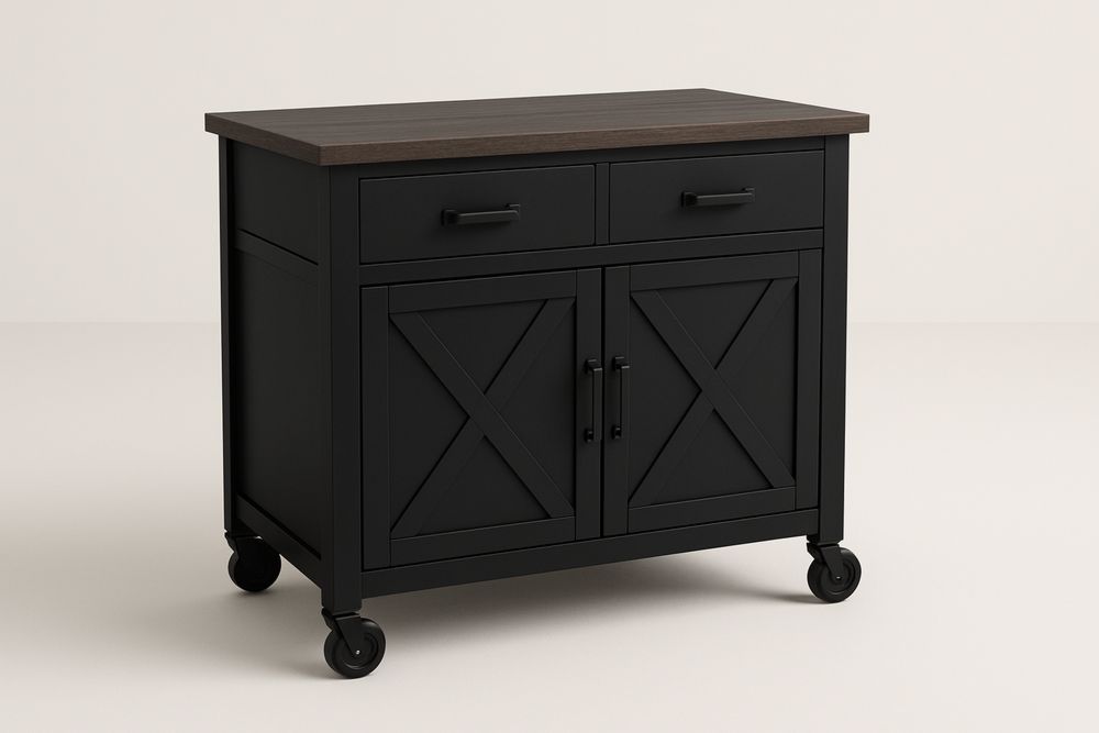 Carrinho de Cozinha tipo ilha em MDF Preto com gavetas e portas
