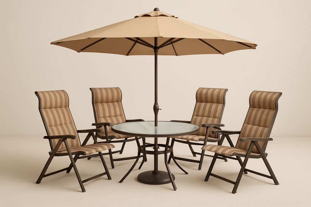 Conjunto de Mesa Redonda de Vidro com 4 Cadeiras Reclináveis e Guarda-sol Bege