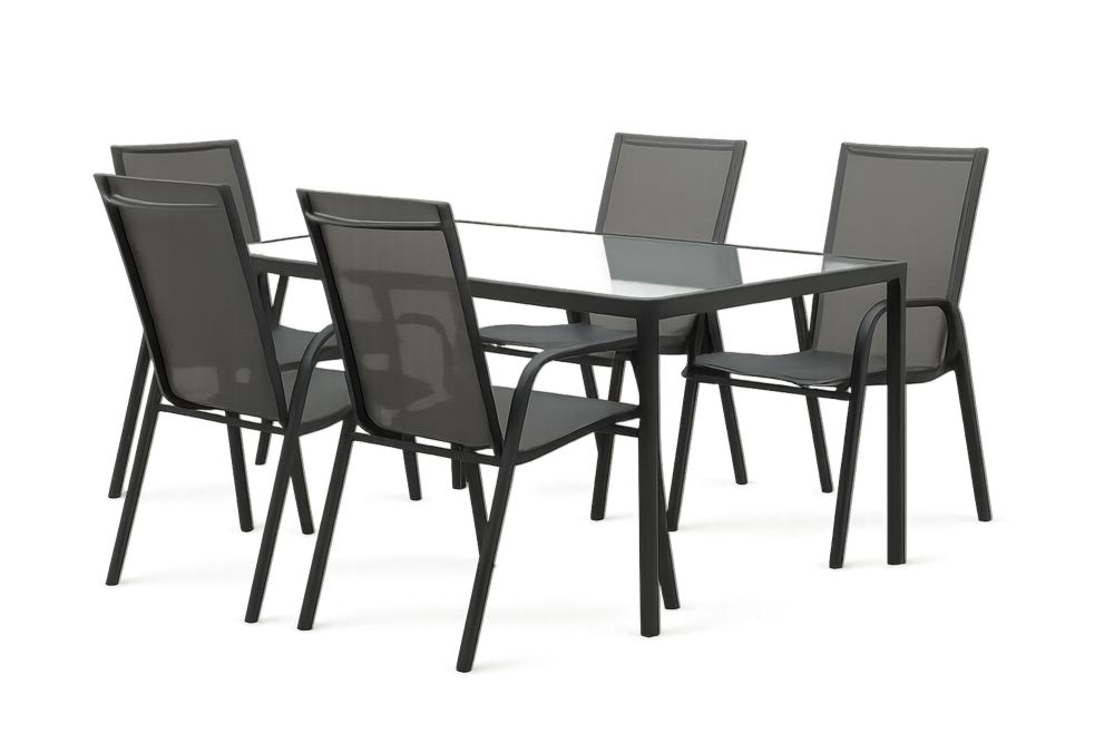 Conjunto de Mesa de Vidro Temperado com 5 Cadeiras em Aço Preto