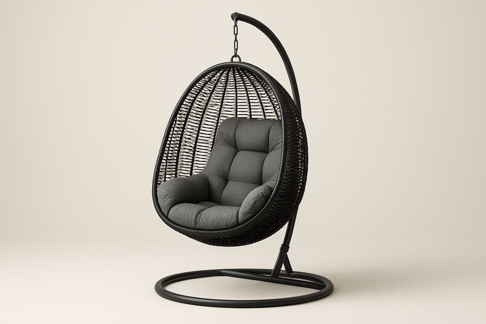 Cadeira Suspensa de Vime Sintético Preto com Almofadas Cinza