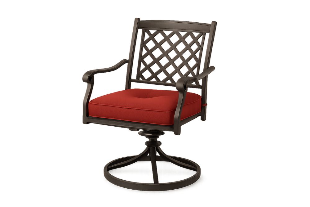 Poltrona giratória de aço com almofada vermelha