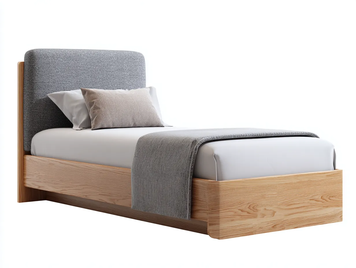 Letto singolo - legno-tessuto - 202x95x101 cm - naturale-grigio - stile moderno-Valinyinterior
