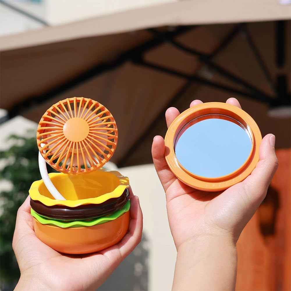UuFan Rechargeable Hamburger Mini Fan, Creative Cute Toy Fan with Mirror