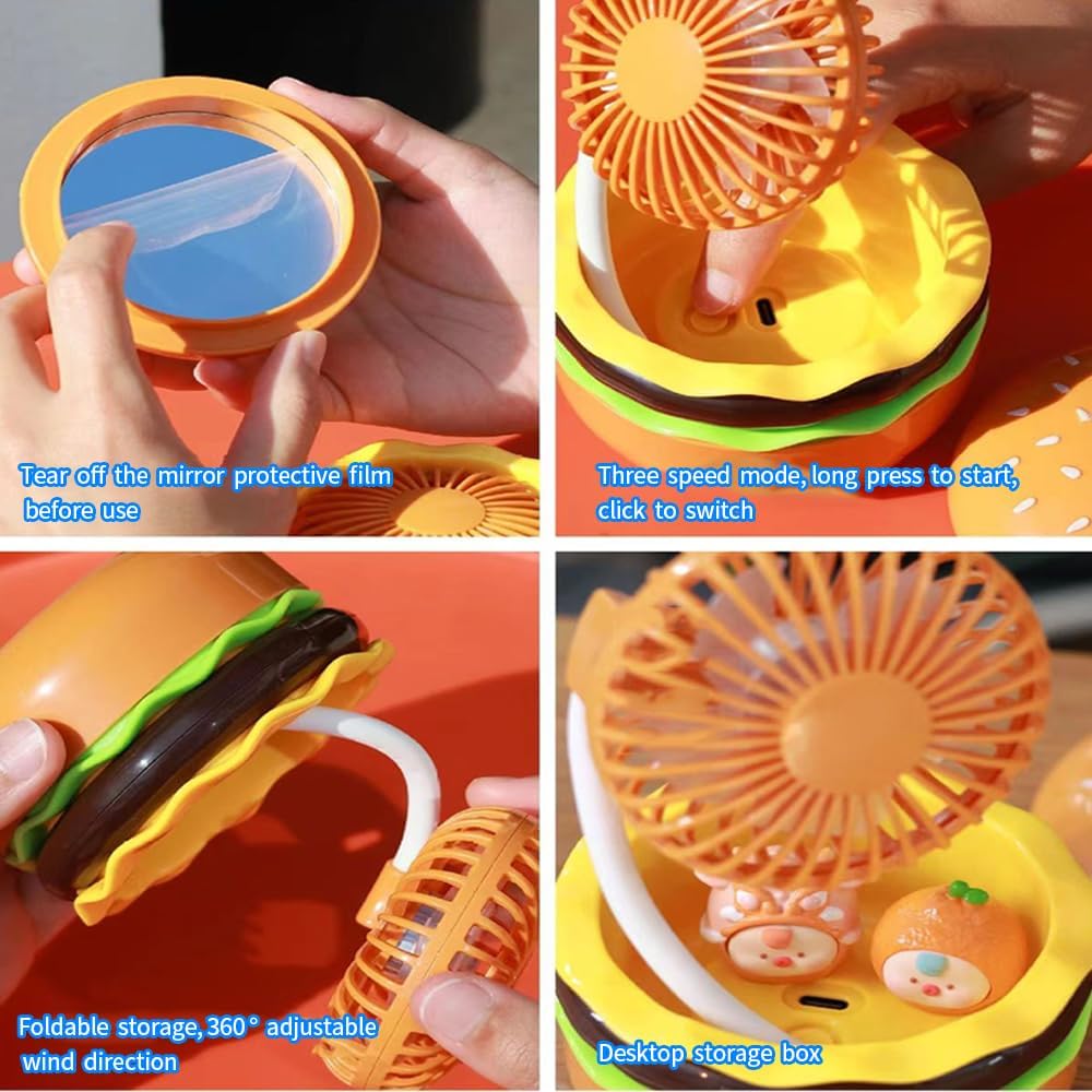 UuFan Rechargeable Hamburger Mini Fan, Creative Cute Toy Fan with Mirror
