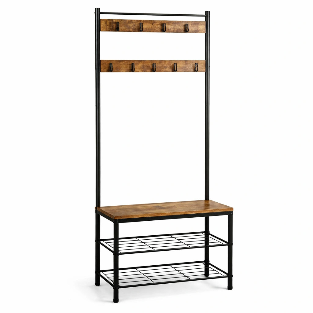 Garderobenbank mit Hakenleiste und Ablage Industrial Stil Braun Schwarz-ardqira