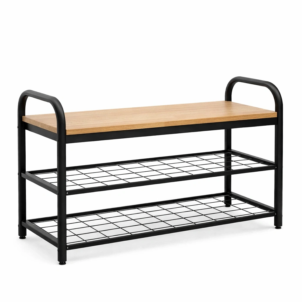 Schuhbank mit Sitzflaeche und Doppelablage Industrial Stil Braun Schwarz-ardqira