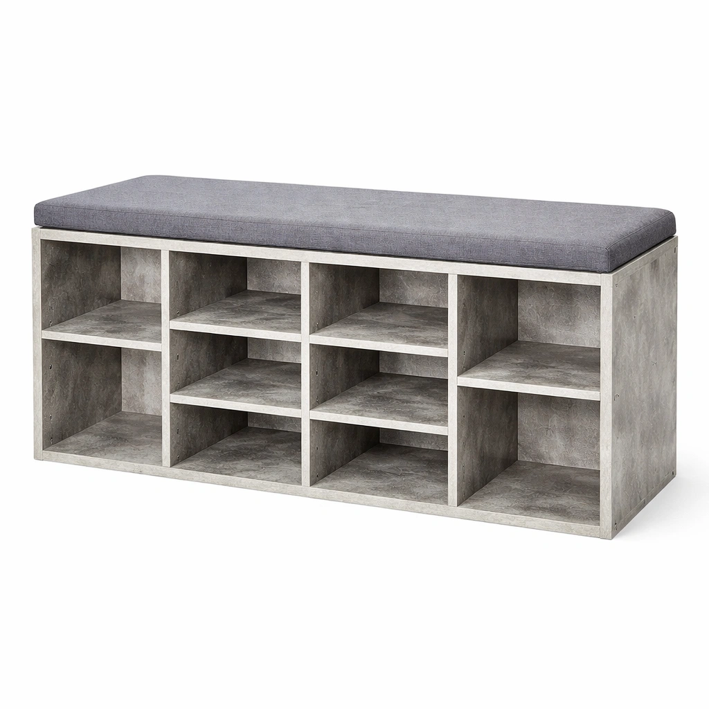 Schuhbank mit Sitzpolster und Mehrfachfaecher Betonoptik Grau-ardqira