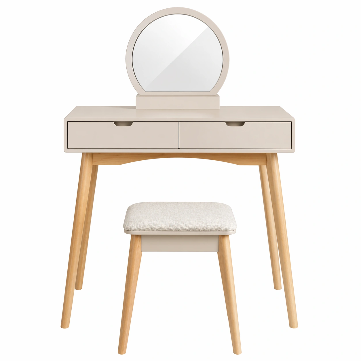 Schminktisch Beige mit rundem Spiegel und Hocker