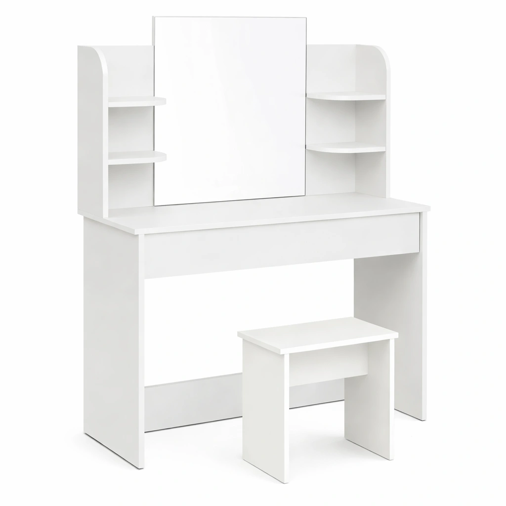 Schminktisch Weiss mit Spiegel und offenen Ablagen