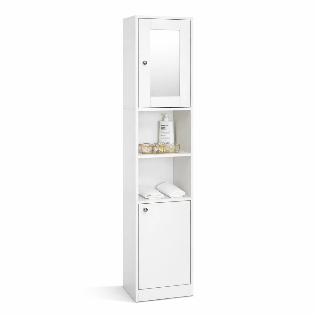 Hochschrank Weiss mit Tueren und offenen Faechern