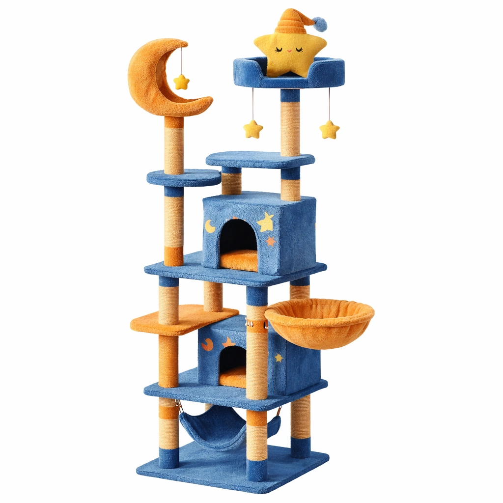 Árbol para gatos de madera con felpa azul y naranja-DECOVEXA