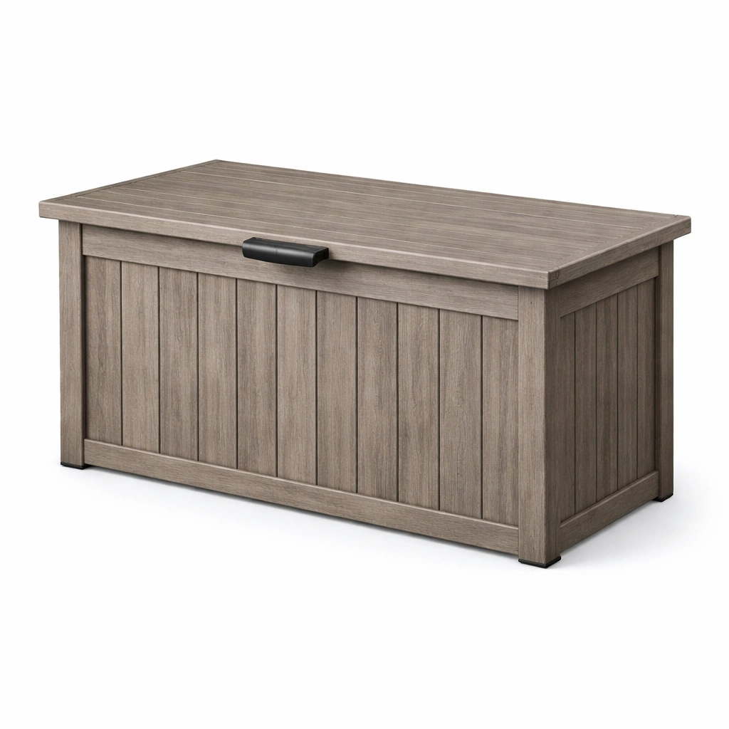 Arcón de almacenamiento para jardín de resina con efecto madera 120x58x60 cm-DECOVEXA