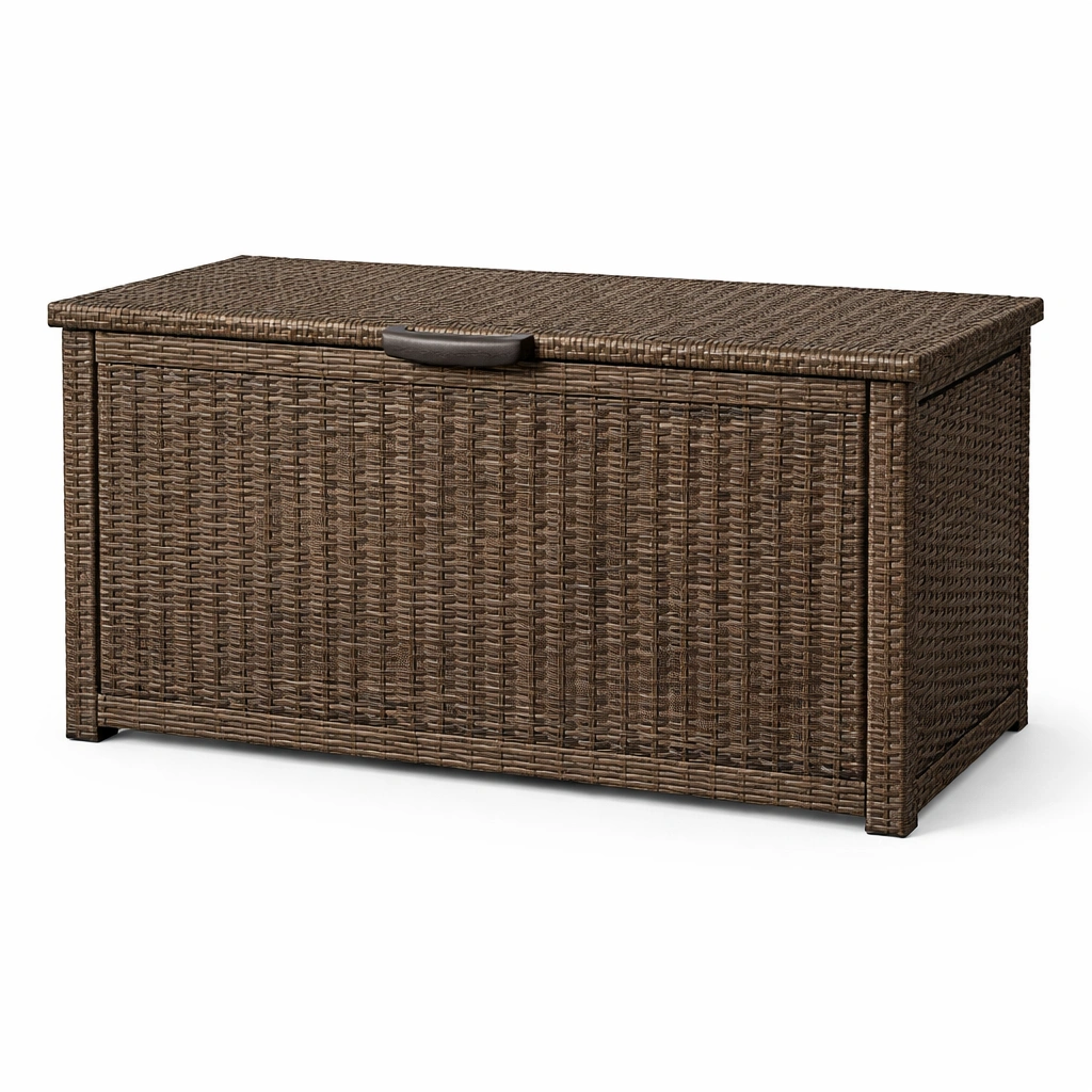 Arcón de almacenamiento para jardín de ratán sintético marrón 118x55x60 cm-DECOVEXA