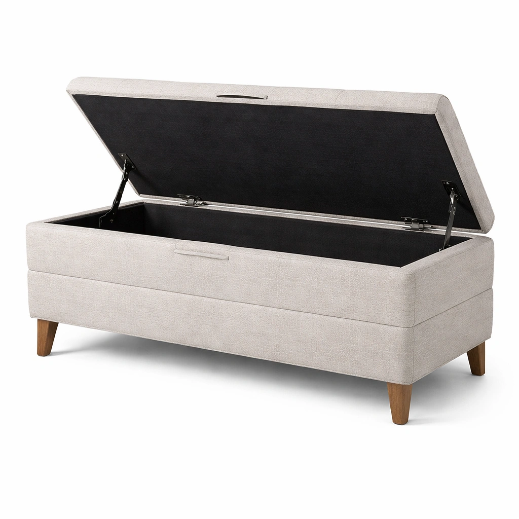 Banco con almacenamiento tapizado de lino con patas de madera 120x40x45 cm-DECOVEXA