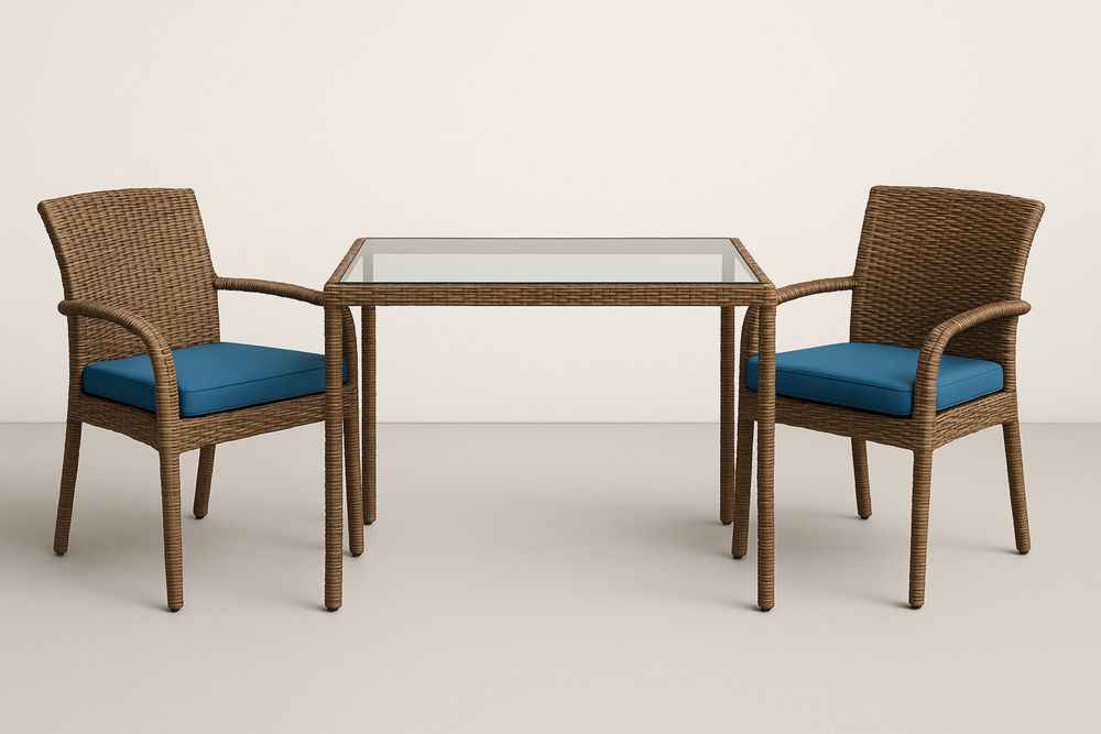 Conjunto de Mesa e Cadeiras de Rattan com Vidro e Almofadas Azuis