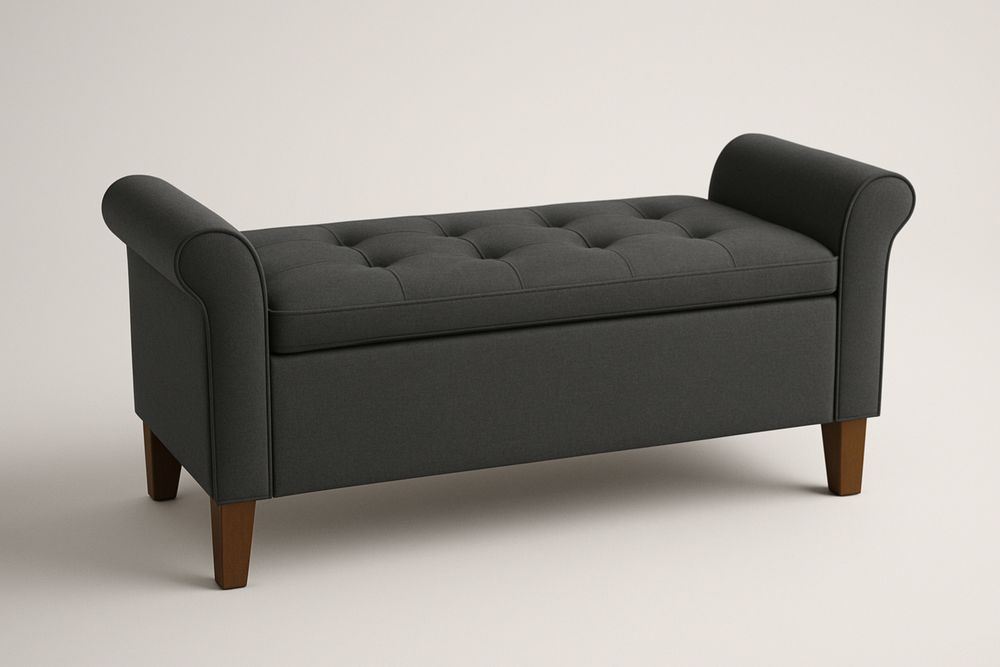 Banco Estofado com Armazenamento em Poliéster Cinza Base de Madeira maciça