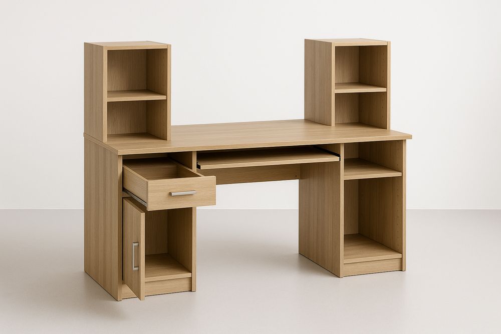 Mesa de Escritório em MDF com Gavetas e Prateleiras