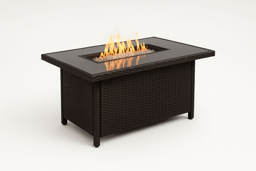 Mesa de Fogo em Rattan Sintético com Vidro Temperado Marrom Escuro