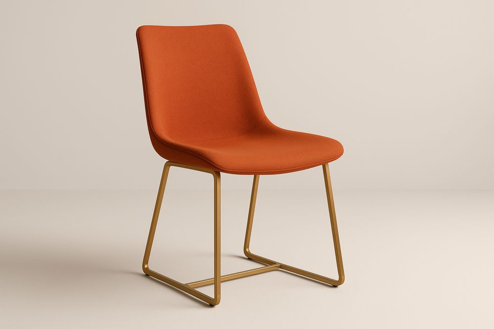 Cadeira estofada com assento em tecido de poliéster laranja e estrutura em aço