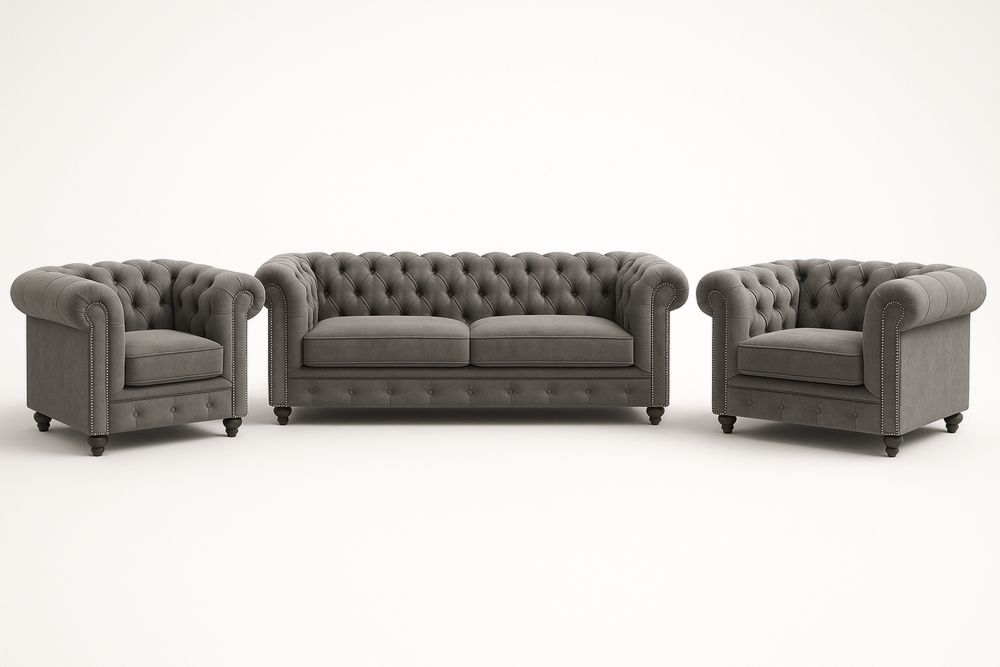 Conjunto de Sofás Chesterfield 3+1+1 Cinza Veludo
