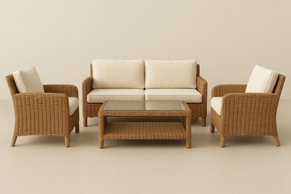 Conjunto de Móveis de Jardim em Rattan Sintético Bege com Almofadas Creme