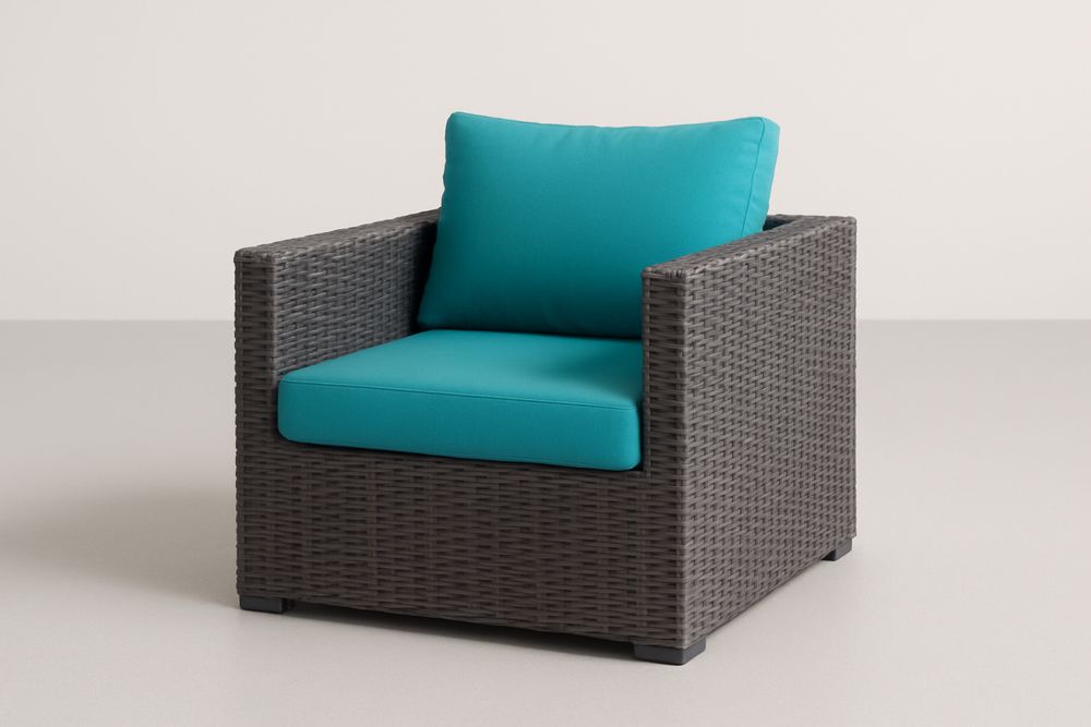 Poltrona de Vime Sintético com Almofadas de Poliéster Cinza e Azul