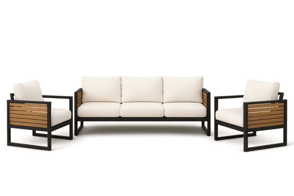 Conjunto de Sofá de 3 Lugares e Cadeiras com Estrutura em Alumínio e Madeira de Carvalho, Estofado em Tecido de Poliéster Bege