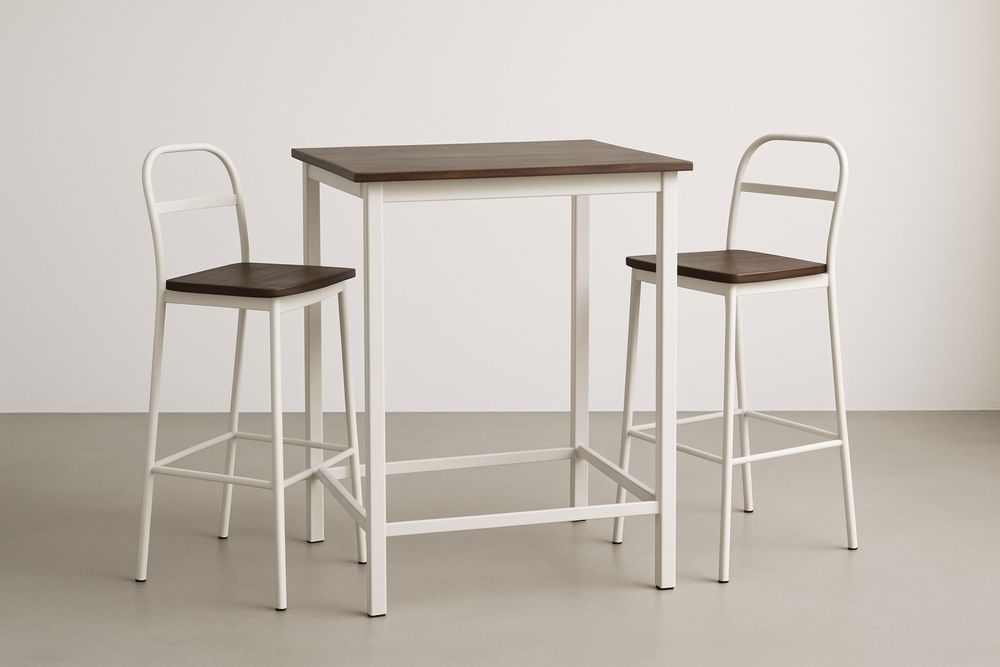 Conjunto de mesa alta e cadeiras em MDF branco e aço