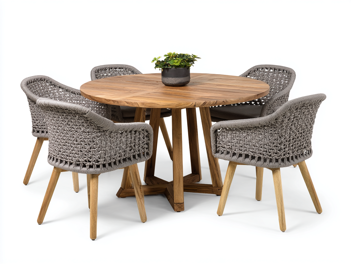Salon de jardin repas table ronde et chaises en bois et corde tressée 120x120x75 cm naturel et gris pour extérieur - style naturel-Nivavihome