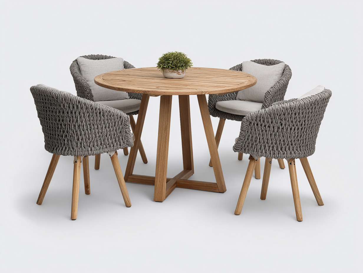 Salon de jardin repas en bois et corde tressée 120x120x75 cm - naturel-gris - ensemble repas extérieur-Nivavihome