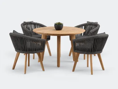 Salon de jardin repas en bois et corde tressée 120x120x75 cm - Bois naturel et gris foncé - Ensemble repas extérieur 4 places-Nivavihome