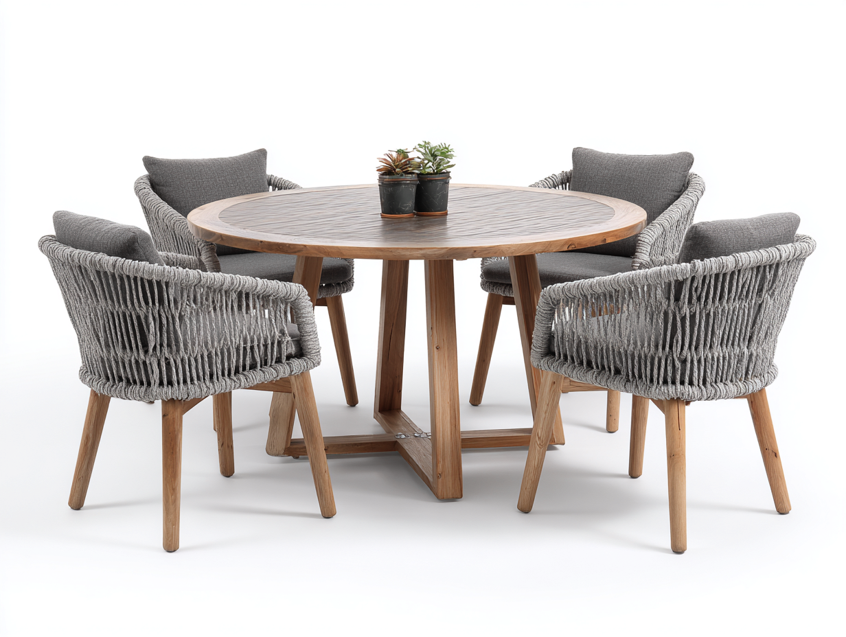 Salon de jardin repas en bois et corde 120x120x75 cm - Gris-Naturel - Ensemble repas extérieur design moderne-Nivavihome