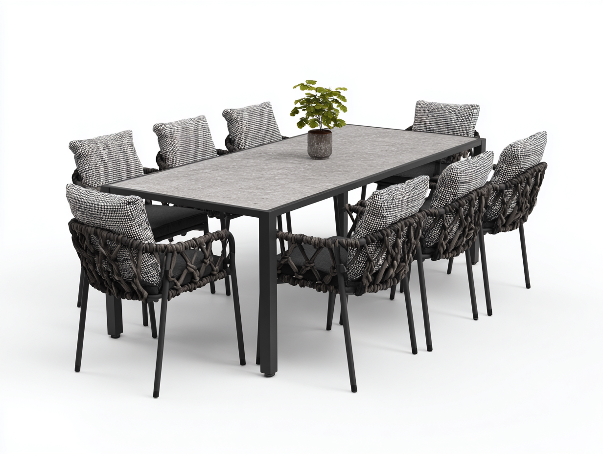 Salon de jardin repas table et chaises en métal et corde tressée 220x100x75 cm gris et noir pour extérieur - style contemporain-Nivavihome