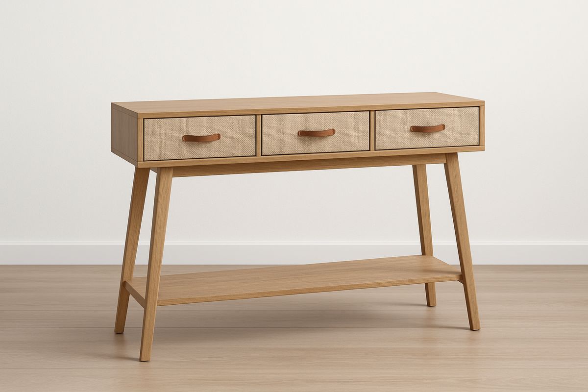 Consola de Madeira com Gavetas e Alças de Couro