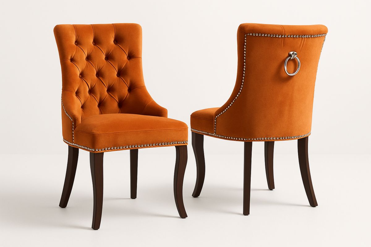 Cadeira de Jantar Estofada em Veludo Laranja 62x63x99cm com Pés de Madeira